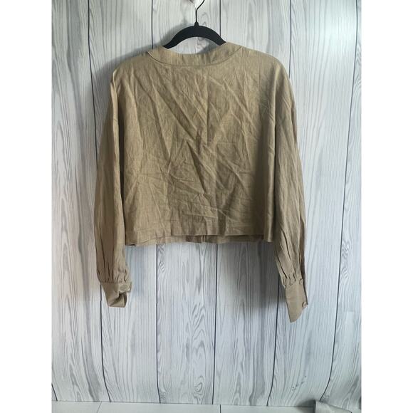 NEW Kittenish Beige Linen Blend Spring Long Sleeve Crop Shirt Size Medium - Picture 5 of 8